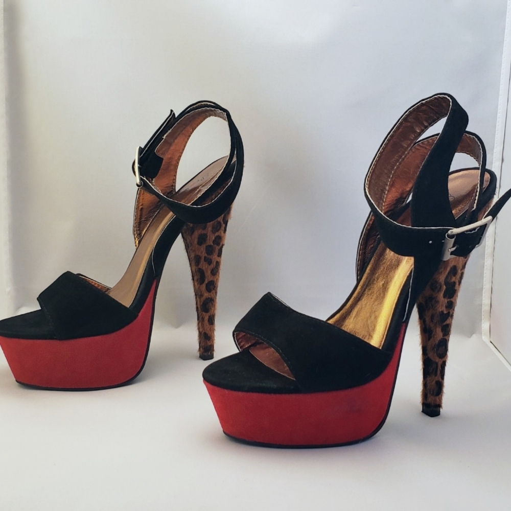 Promise leopard and black/red velvet heels